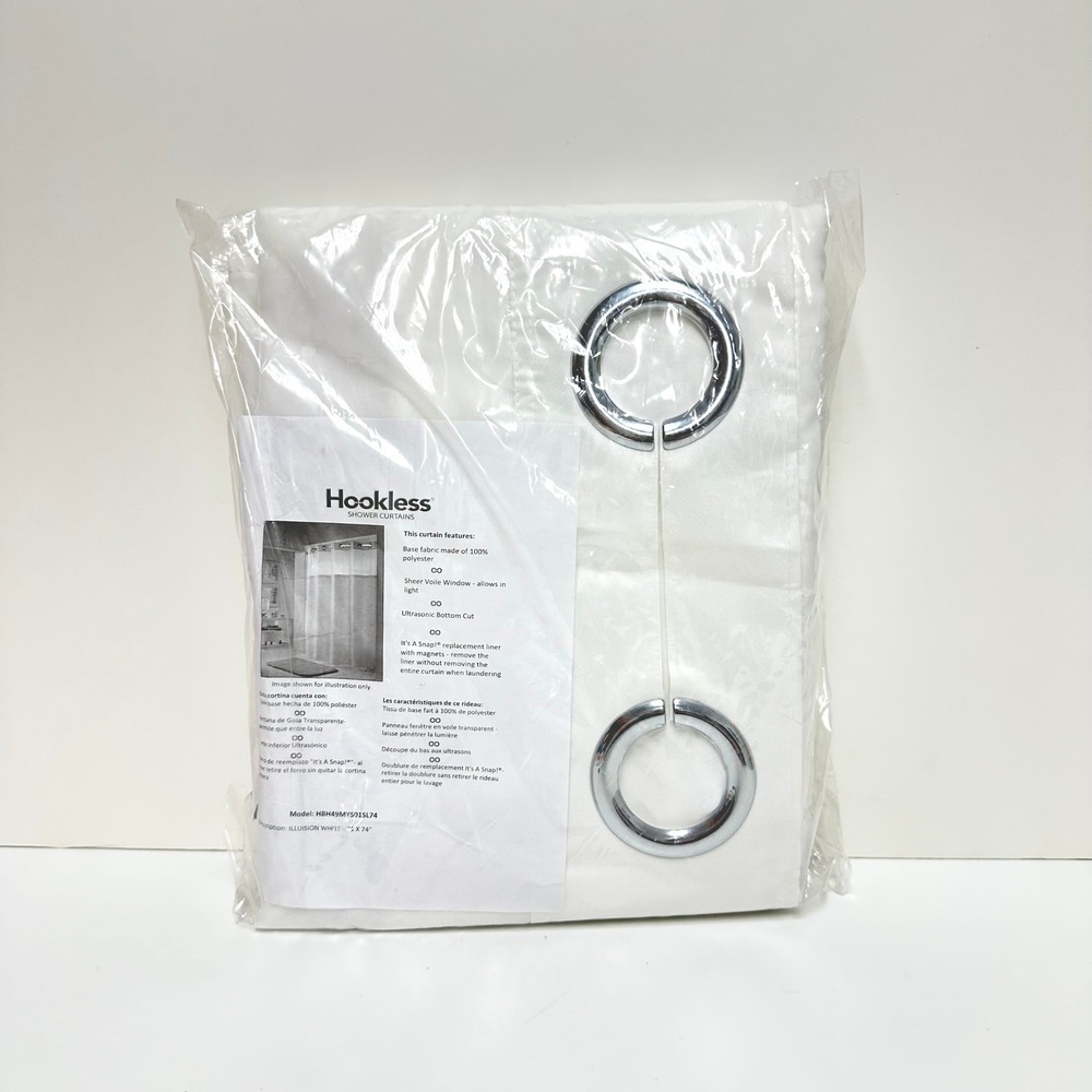 Hookless White Shower Curtain with Snap‎ In Liner Window NWT 71x74 NIP